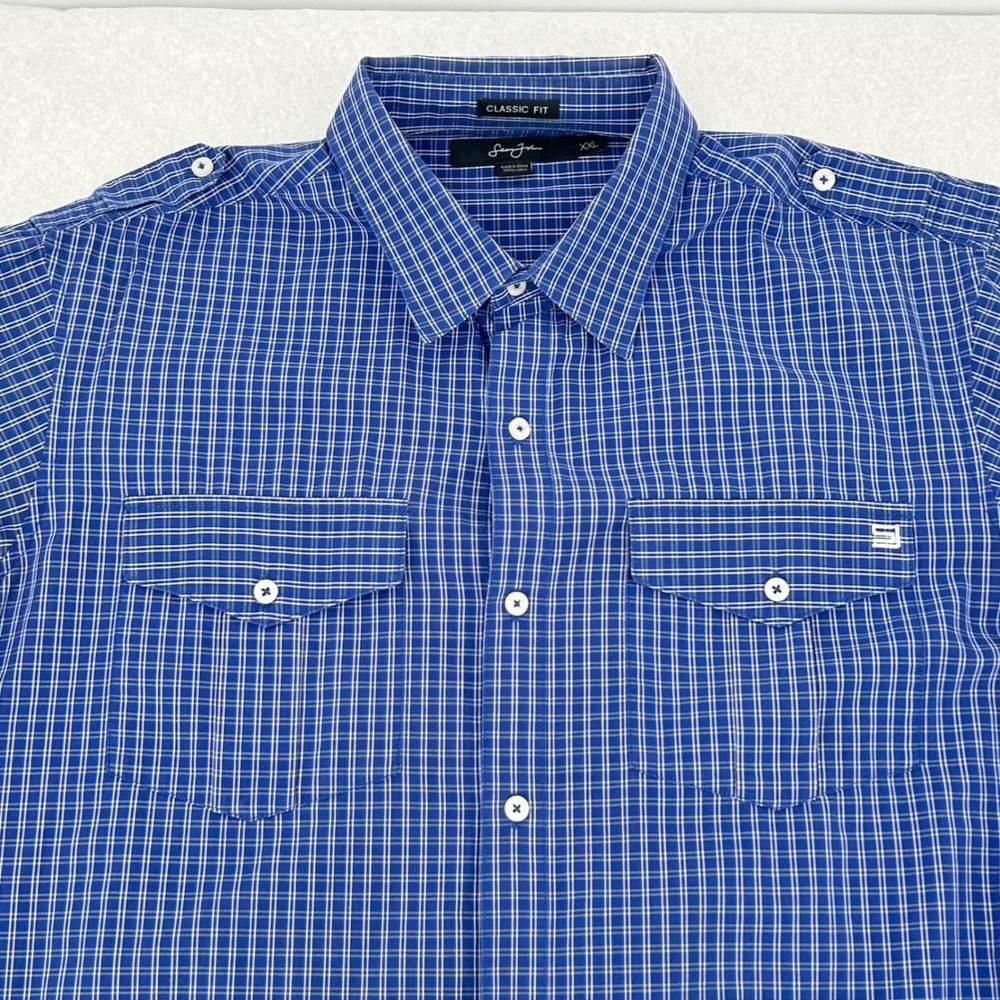 Sean John Shirt Men XXL Blue Grid Short Sleeve Button Down Safari Y2K Streetwear